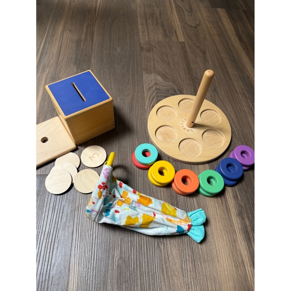 Lovevery Bundle/Lot: Coin Bank, Flexible Ring Stacker, & Sensory Pouch